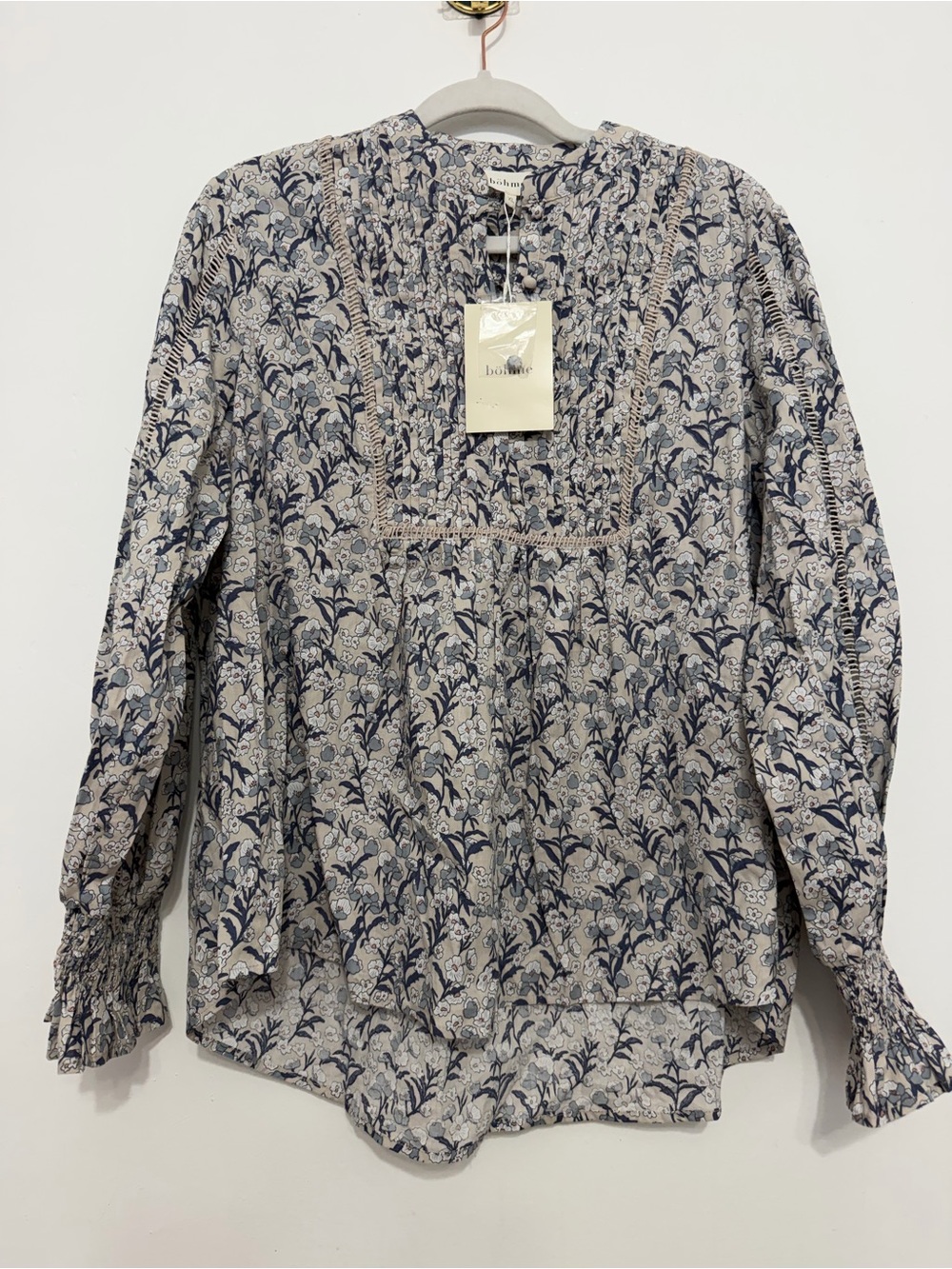 NWT BOHME Navy Floral Pintuck Cotton Blouse with Cream Background